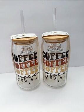 Crofton Glass Cup with Lid, Coffee design Set of 2